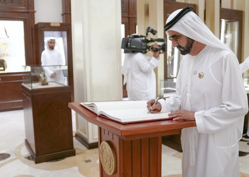 Vice President, Prime Minister of the UAE and Ruler of Dubai, Sheikh Mohammed bin Rashid, visited today the headquarters of the General Women���s Union, GWU, and attended the launch of national initiatives honouring and documenting the achievements of Emirati women.
Sheikh Mohammed bin Rashid was accompanied by Sheikh Hamdan bin Rashid Al Maktoum, Deputy Ruler of Dubai and Minister of Finance; Lt. General Sheikh Saif bin Zayed Al Nahyan, Deputy Prime Minister and Minister of the Interior; Sheikh Mansour bin Zayed Al Nahyan, Deputy Prime Minister and Minister of Presidential Affairs; and Sheikh Nahyan bin Mubarak Al Nahyan, Minister of Tolerance, and several ministers. Dubai Media Office / Wam