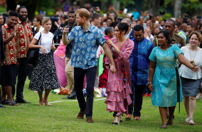 Prince Harry and Meghan visit the University of the South Pacific on October 24, 2018 in Suva, Fiji. Getty Images