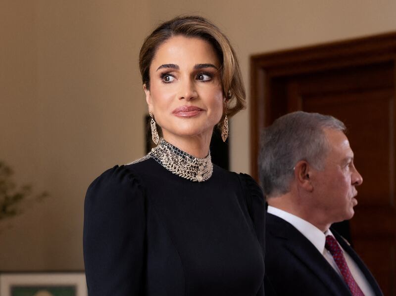 Jordan's King Abdullah II and Jordan's Queen Rania welcome guests on the day of the royal wedding of Jordan's Crown Prince Hussein and Rajwa Al Saif, in Amman, Jordan, June 1, 2023.  Royal Hashemite Court (RHC)/Handout via REUTERS ATTENTION EDITORS - THIS IMAGE WAS PROVIDED BY A THIRD PARTY. 