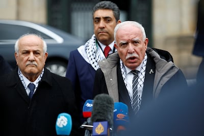 Palestinian Foreign Minister Riyad Al-Maliki and UN envoy Riyad Mansour at the International Court of Justice. Reuters