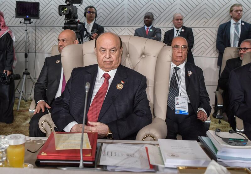 Yemeni President Abedrabbo Mansour Hadi attends the opening session of the 30th Arab League summit in the Tunisian capital Tunis on March 31, 2019.  / AFP / POOL / FETHI BELAID
