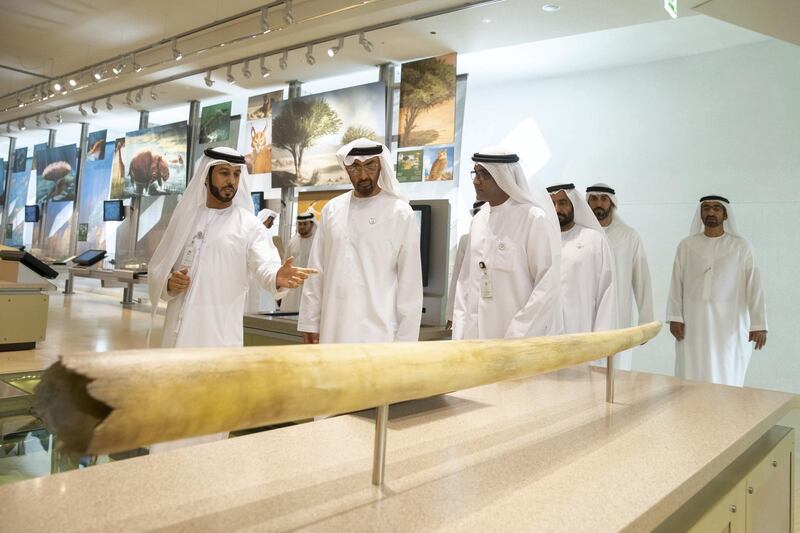 AL AIN, UNITED ARAB EMIRATES - January 17, 2019: HH Sheikh Mohamed bin Zayed Al Nahyan, Crown Prince of Abu Dhabi and Deputy Supreme Commander of the UAE Armed Forces (front 2nd L), tours the Sheikh Zayed Desert Learning Centre (SZDLC), at the Al Ain Zoo. Seen with Ghanim Al Hajeri, Director General of Al Ain Zoo (front 3rd L).

( Mohammed Al Blooshi )
---