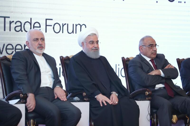 Iranian President Hassan Rouhani attends Trade Forum with Iraq's Prime Minister Adel Abdul Mahdi and Iranian Foreign Minister Mohammad Javad Zarif in Baghdad, Iraq March 11, 2019. Picture taken March 11, 2019.  Official Iranian President website/Handout via REUTERS ATTENTION EDITORS - THIS IMAGE WAS PROVIDED BY A THIRD PARTY. NO RESALES. NO ARCHIVES