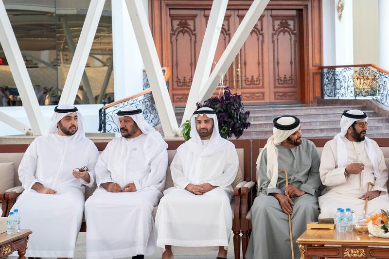 ABU DHABI, UNITED ARAB EMIRATES - December 24, 2018: (L-R) HH Sheikh Rashid bin Saud bin Rashid Al Mu'alla, Crown Prince of Umm Al Quwain, HH Sheikh Saeed bin Mohamed Al Nahyan, HH Sheikh Mohamed bin Saud bin Saqr Al Qasimi, Crown Prince and Deputy Ruler of Ras Al Khaimah, HH Sheikh Saif bin Mohamed Al Nahyan and HH Sheikh Tahnoon bin Mohamed Al Nahyan, Ruler's Representative in Al Ain Region, attend a Sea Palace barza.

( Mohamed Al Hammadi / Ministry of Presidential Affairs )
---