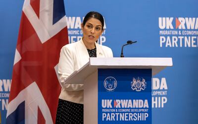 Britain's Home Secretary Priti Patel speaks to the media after signing what the two countries called an "economic development partnership" in Kigali, Rwanda. AP Photo