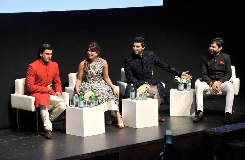 Ranveer Singh, Priyanka Chopra, Arjun Kapoor and Ali Abbas Zafar speak on stage at the Gunday In Conversation event. Gareth Cattermole / Getty Images for DIFF