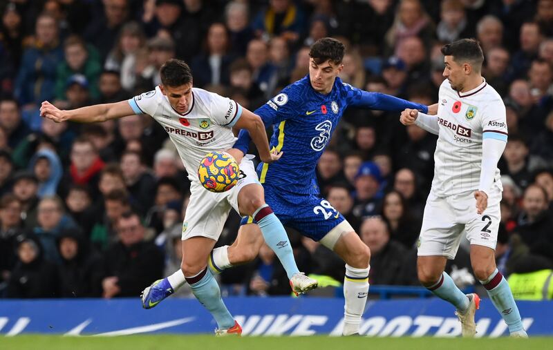 Kai Havertz, centre, scored the opening goal for Chelsea before Matej Vydra scored the equaliser for Burnley 11 minutes from time. EPA