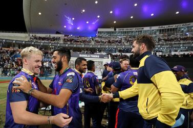 Abu Dhabi, United Arab Emirates - November 24, 2019: Tigers celebrate the win after the 3rd 4th place playoff game between the Bangla Tigers and the Qalandars in the Abu Dhabi T10 league. Sunday, November 24th, 2017 at Zayed Cricket Stadium, Abu Dhabi. Chris Whiteoak / The National