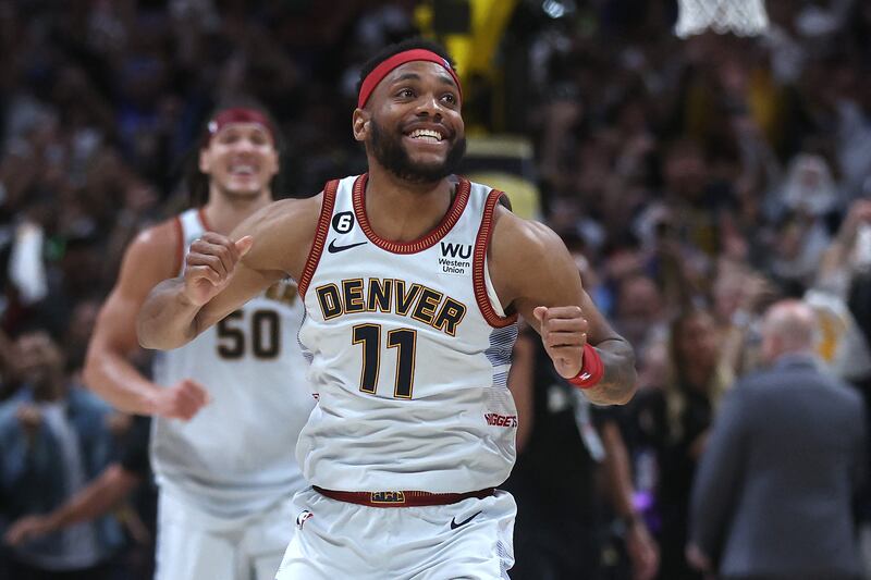 Bruce Brown of the Denver Nuggets celebrates after the 94-89 victory against the Miami Heat in Game Five of the 2023 NBA Finals. AFP