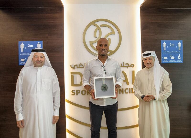 Dubai Sports Council presented former Chelsea star Didier Drogba with the Medal of First Line of Defence in November. Courtesy Dubai Sports Council