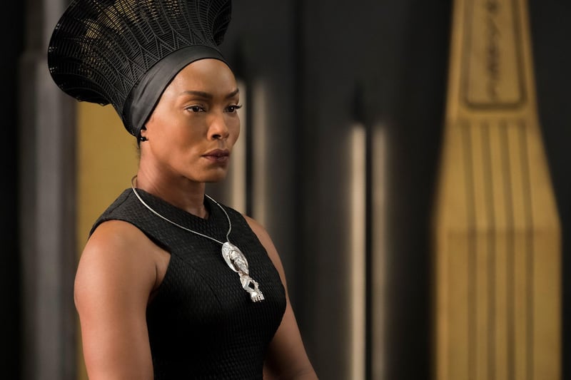This image released by Disney -Marvel Studios shows, Angela Bassett in a scene from "Black Panther." Danai Gurira says the representation of women in â€œBlack Pantherâ€ is important for young girls to see. The film features a number of powerful female leads, including Gurira as the head of a special forces unit, Lupita Nyongâ€™o as a spy, Bassett as the Queen Mother and newcomer Letitia Wright as a scientist and inventor.  (Matt Kennedy/Disney/Marvel Studios via AP)