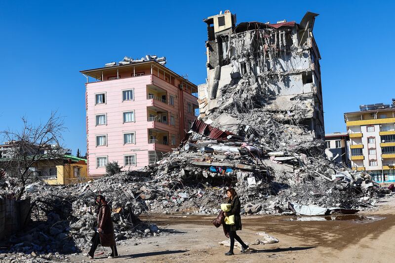 Collapsed buildings in the Islahiye district of Gaziantep, south-eastern Turkey on February 13, 2023. EPA