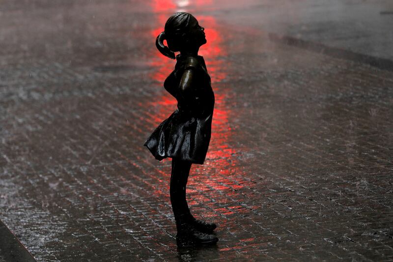 The Fearless Girl statue is seen while heavy rain falls as a severe weather system passes through New York City, New York. Reuters