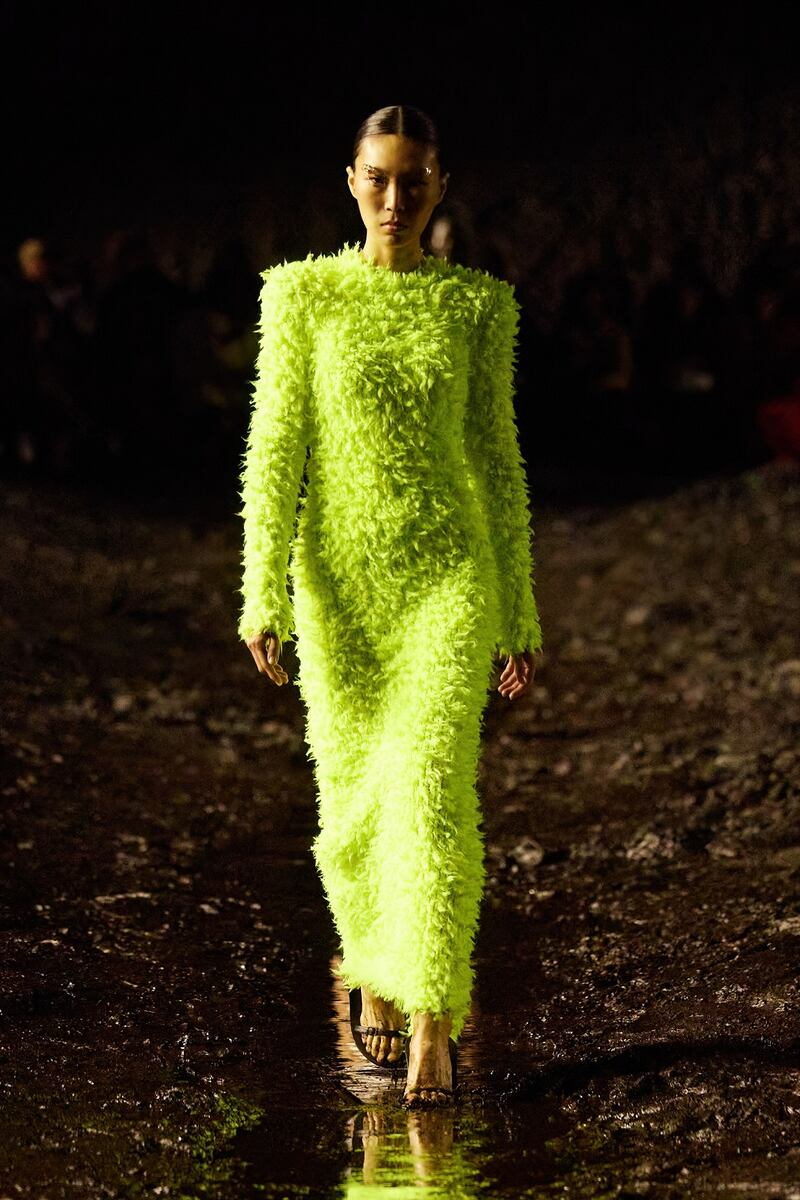 A fluffy dress in neon green at Balenciaga. Photo: Balenciaga