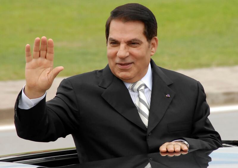 FILE - In this Oct.11, 2009 file photo, then Tunisian President Zine El Abidine Ben Ali waves from his car as he arrives at campaign rally in Rades, outside Tunis. A lawyer for the former Tunisian president ousted in the 2011 Arab Spring says Zine El Abidine Ben Ali has been hospitalized in Saudi Arabia. (AP Photo/Hassene Dridi, File)