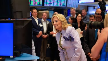 US First Lady Jill Biden visited the New York Stock Exchange last week. Technology stocks helped fuel a rally on Friday to cap off an uneven trading week. AP