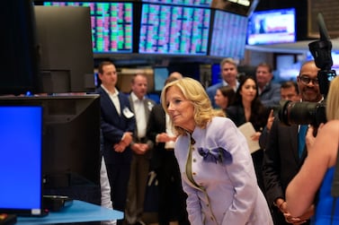 US First Lady Jill Biden visited the New York Stock Exchange last week. Technology stocks helped fuel a rally on Friday to cap off an uneven trading week. AP