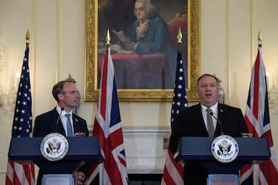 US Secretary of State Mike Pompeo (R) speaks at a press conference with British Foreign Secretary Dominic Raab at the State Department in Washington, DC, on September 16, 2020. / AFP / POOL / NICHOLAS KAMM
