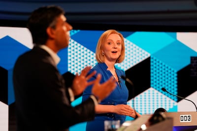 Liz Truss, right, and Rishi Sunak take part in the BBC Conservative Party leadership debate in Stoke-on-Trent, England, on July 25. AP