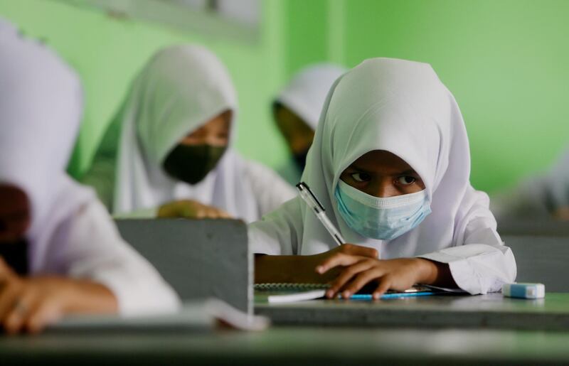 High school students study during a class session at Al Hidayah Muslim school in Depok, Indonesia. The Indonesian government began to reopen schools amid the coronavirus pandemic, especially in green zones in a number of regions.  EPA