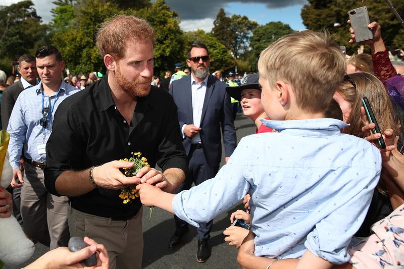Prince Harry meets the public on a walkabout at Rotorua Government Gardens. Getty Images