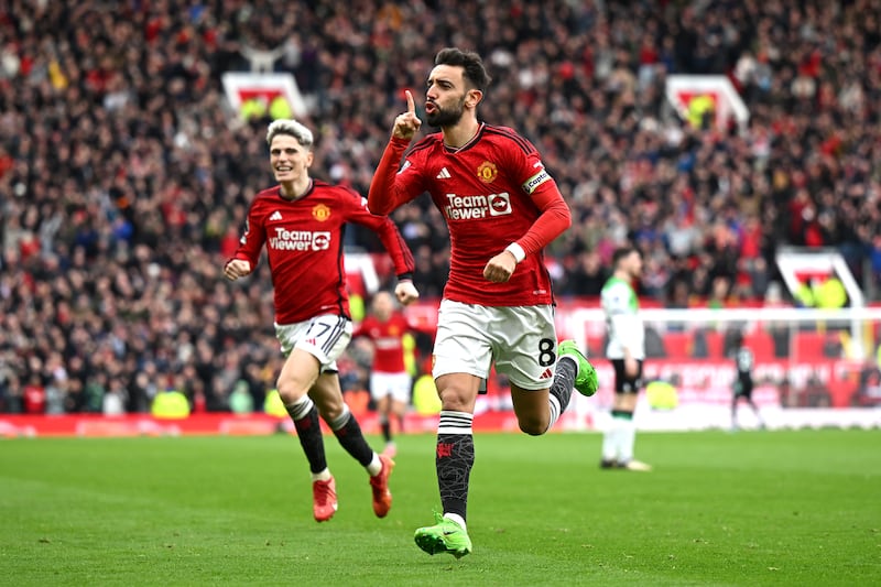 Bruno Fernandes of Manchester United celebrates scoring his team's first goal. Getty Images