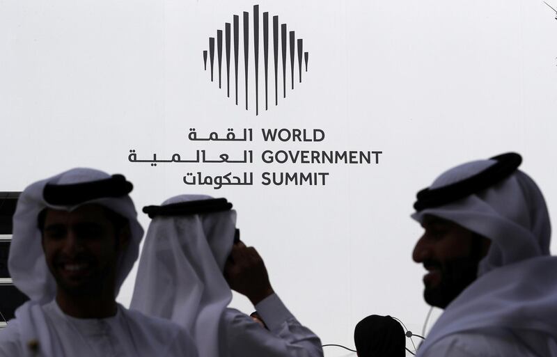 DUBAI , UNITED ARAB EMIRATES , FEB 13  – 2018 :-  Delegates on the third day of World Government Summit 2018 held at Madinat Jumeirah in Dubai. ( Pawan Singh / The National ) For News. Story by Nick Webster