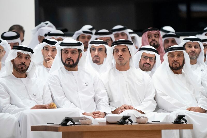 ABU DHABI, UNITED ARAB EMIRATES - May 20, 2019: (L-R) HH Sheikh Khalifa bin Mohamed bin Khaled Al Nahyan, HH Sheikh Hamdan bin Mubarak Al Nahyan, HH Sheikh Mansour bin Zayed Al Nahyan, UAE Deputy Prime Minister and Minister of Presidential Affairs, HH Sheikh Mohamed bin Butti Al Hamed and HH Sheikh Hamed bin Zayed Al Nahyan, Chairman of the Crown Prince Court of Abu Dhabi and Abu Dhabi Executive Council Member, attend a lecture by James Mattis, Former US Secretary of Defense (not shown), titled: 'The Value of the UAE - US Strategic Relationship', at Majlis Mohamed bin Zayed.

( Rashed Al Mansoori / Ministry of Presidential Affairs )
---