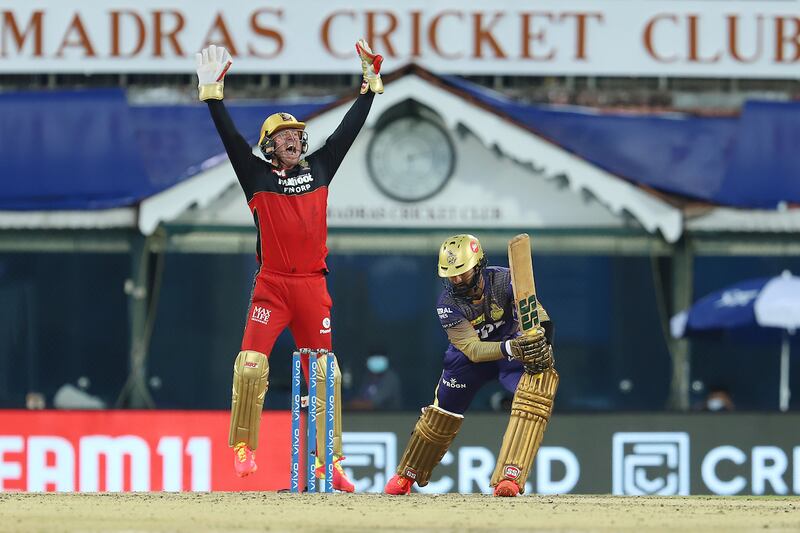 AB de Villiers of Royal Challengers Bangalore successfully appeals for the wicket of Dinesh Karthik of Kolkata Knight Riders during match 10 of the Vivo Indian Premier League 2021 between the Royal Challengers Bangalore and the Kolkata Knight Riders held at the M. A. Chidambaram Stadium, Chennai on the 18th April 2021.

Photo by Faheem Hussain / Sportzpics for IPL
