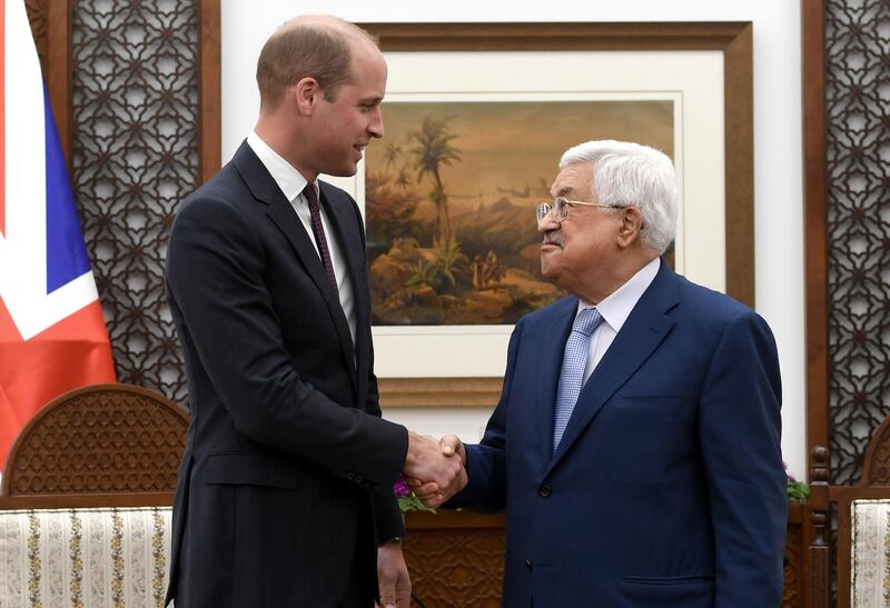 Prince William, Duke of Cambridge, meets Palestinian President Mahmoud Abbas at the Office of the President in Ramallah, West Bank.  Joe Giddens / Getty Images