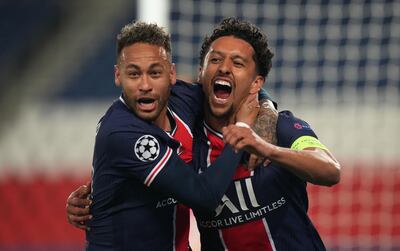 Paris Saint-Germain's Marquinhos (right) celebrates with Neymar after scoring their side's first goal of the game during the UEFA Champions League Semi Final, first leg, at the Parc des Princes in Paris, France. Picture date: Wednesday April 28, 2021. PA Photo. See PA story SOCCER Man City. Photo credit should read: Julien Poupert/PA Wire.

RESTRICTIONS: Editorial use only, no commercial use without prior consent from rights holder.