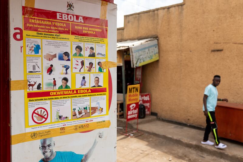 An Ebola prevention poster in Mubende, one of two districts in Uganda where a lockdown has been imposed to stop the spread of the deadly disease. Getty
