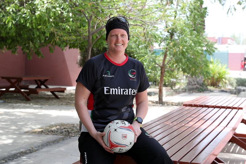 DUBAI , UNITED ARAB EMIRATES , MAY 17 – 2018 :- Sara Donovan , PE teacher and head of the UAE netball team at the Dubai College in Dubai.  ( Pawan Singh / The National )  For News. Story by Anam Rizvi