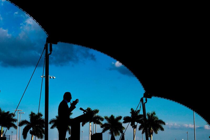 Democratic Presidential Candidate Joe Biden speaks during a drive-in rally in rally  in Miramar, Florida, US. AFP