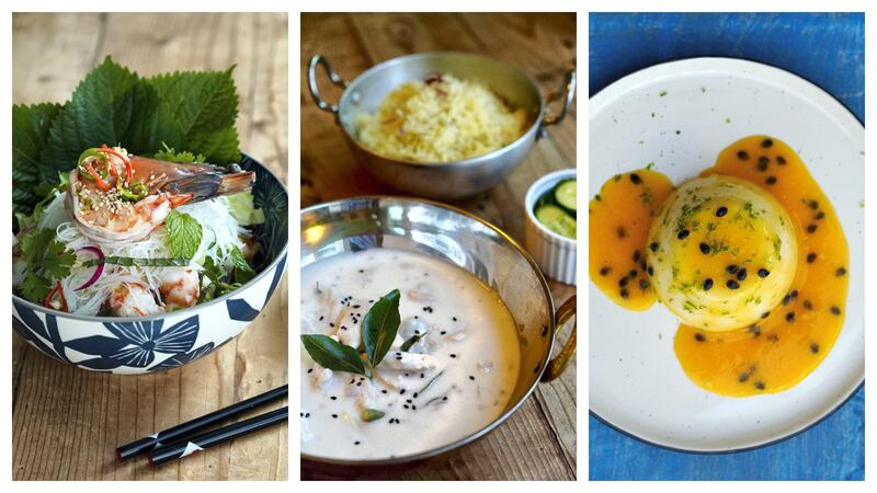 From left: prawn and perilla noodle salad, laban chicken curry and coconut panna cotta with passion fruit. Courtesy Nicole Barua 