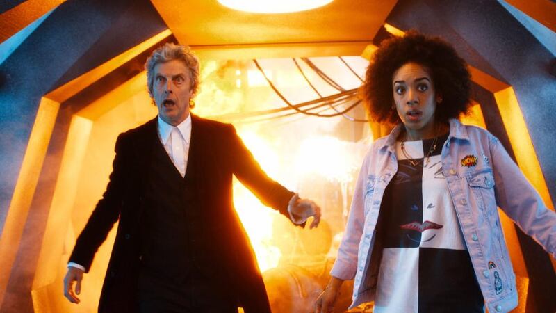 Peter Capaldi as the Doctor and Pearl Mackie as his new companion in Doctor Who. Courtesy BBC