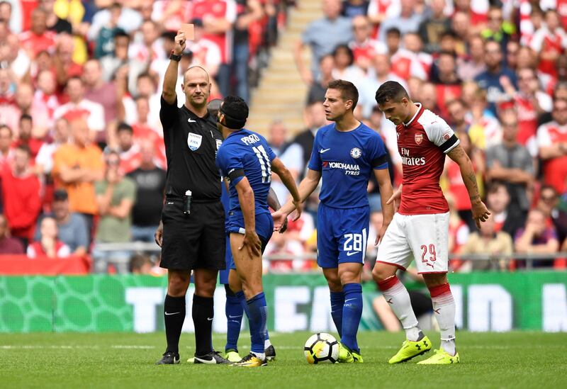 Soccer Football - Chelsea vs Arsenal - FA Community Shield - London, Britain - August 6, 2017   Chelsea's Pedro as he is shown a red card by referee Robert Madley   Action Images via Reuters/Tony O'Brien