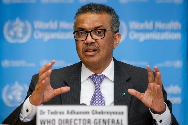 Tedros Adhanom Ghebreyesus, Director General of the World Health Organization speaks during a news conference on updates regarding on the novel coronavirus COVID-19, at the WHO headquarters in Geneva, Switzerland, Monday, March 9, 2020. (Salvatore Di Nolfi/Keystone via AP)