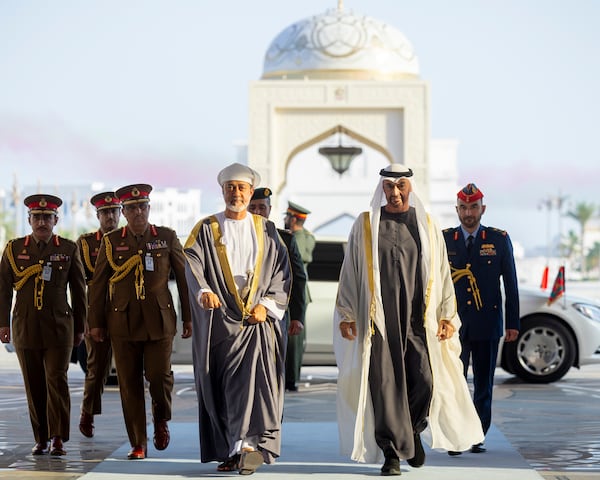 President Sheikh Mohamed and Sultan Haitham arrive for an official reception at Qasr Al Watan in Abu Dhabi. Photo: UAE Presidential Court
