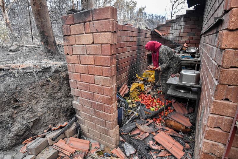 A woman salvages produce from a building gutted by a forest fire near the town of Melloula, Tunisia. AFP