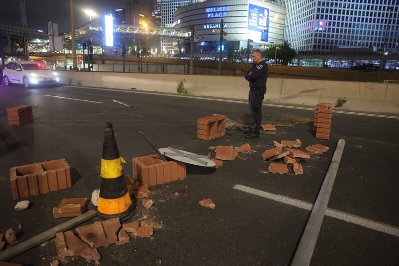 A roadblock placed by protesters on the Ayalon main road. EPA