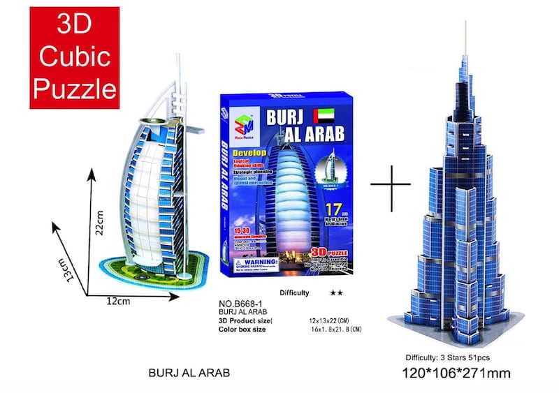 3D puzzles of Burj Al Arab (17 pieces) and Burj Khalifa (51 pieces), Dh50 (discounted from Dh198), www.amazon.ae,