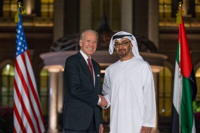 ABU DHABI, UNITED ARAB EMIRATES - March 07, 2016: HH Sheikh Mohamed bin Zayed Al Nahyan, Crown Prince of Abu Dhabi and Deputy Supreme Commander of the UAE Armed Forces (R), and Joe Biden, Vice President of the United States of America (L), stand for a photograph prior to a dinner meeting at Emirates Palace.
( Ryan Carter / Crown Prince Court - Abu Dhabi )
--- *** Local Caption ***  20160307RC_C5_5788.JPG