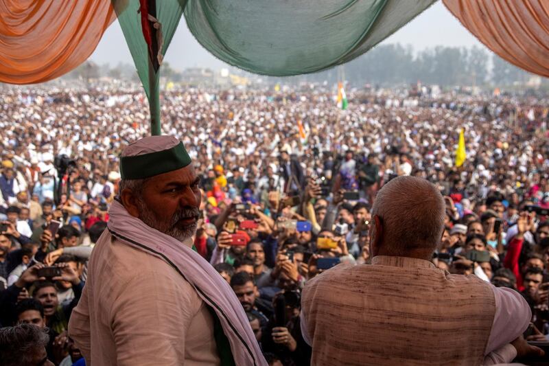 Rakesh Tikait, a leader of Bharatiya Kisan Union farmers' group, turns from the crowd at a grand village council meeting at Kandela village, Jind district, in Haryana state, India. Reuters