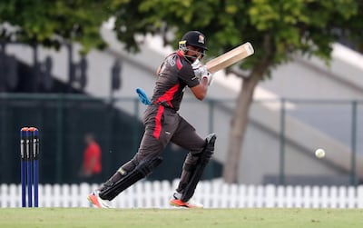 DUBAI, UNITED ARAB EMIRATES , Dec 15– 2019 :- Basil Hameed of UAE playing a shot during the World Cup League 2 cricket match between UAE vs Scotland held at ICC academy in Dubai. UAE won the match by 7 wickets. He scored not out 63 runs in this match. ( Pawan Singh / The National )  For Sports. Story by Paul