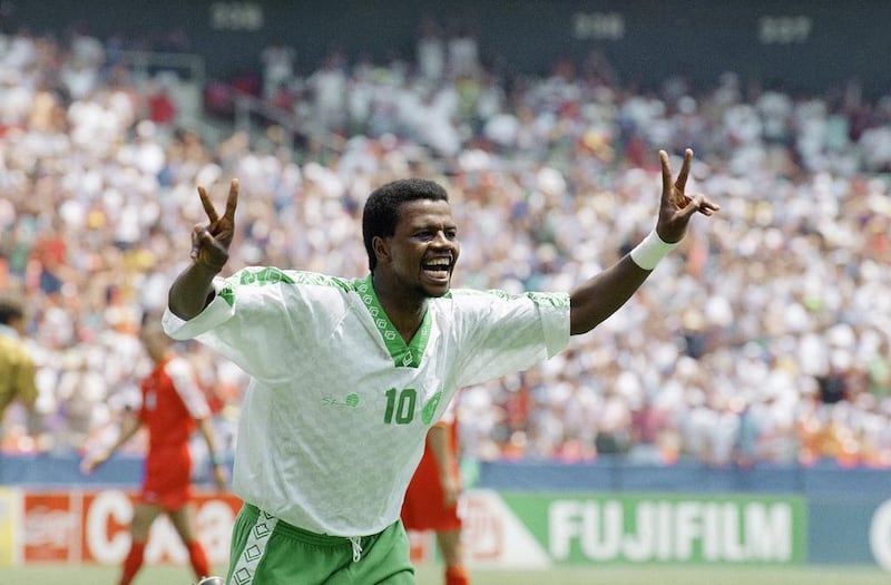 Saudi Arabia forward Saeed Al Owairan celebrates his goal against Belgium in the Fifa World Cup Group F match on Wednesday, June 29, 1994, in Washington, DC, at RFK Stadium. Doug Mills / AP Photo