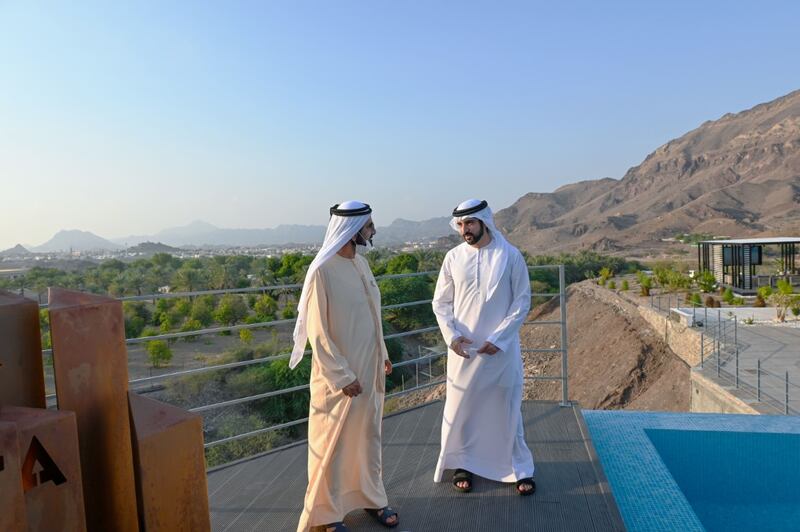 Sheikh Mohammed bin Rashid, Vice President and Ruler of Dubai, pictured with Sheikh Hamdan bin Mohammed, Crown Prince of Dubai, in Hatta. Photo: WAM