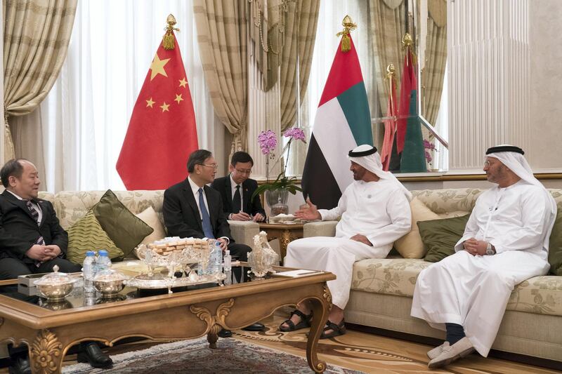 ABU DHABI, UNITED ARAB EMIRATES - April 30, 2018: HH Sheikh Mohamed bin Zayed Al Nahyan, Crown Prince of Abu Dhabi and Deputy Supreme Commander of the UAE Armed Forces (2nd R) meets with Yang Jiechi, Special Representative of the President of China and Member of the Political Bureau of the Central Committee of the Communist Party of China (2nd L), at the Sea Palace. Seen with HE Dr Anwar bin Mohamed Gargash, UAE Minister of State for Foreign Affairs (R).

( Rashed Al Mansoori / Crown Prince Court - Abu Dhabi )
---
