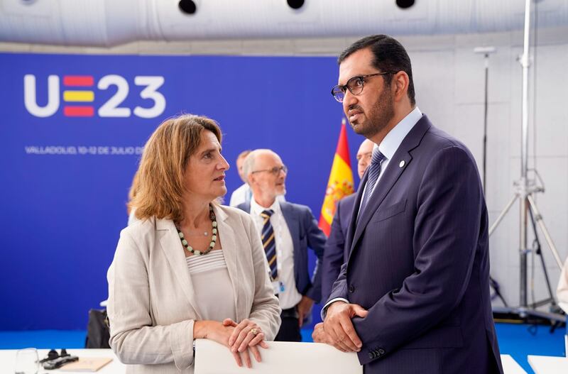 Dr Sultan Al Jaber, UAE Minister of Industry and Advanced Technology and Cop28 President-designate, meets Spanish Environment Minister Teresa Ribera. Photo: Cop28 UAE / Twitter
