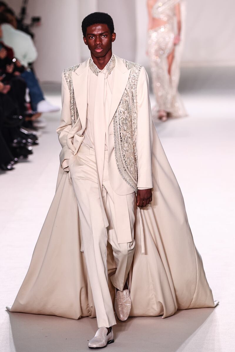One of the menswear looks at the Elie Saab spring 2023 haute couture show in Paris. EPA 